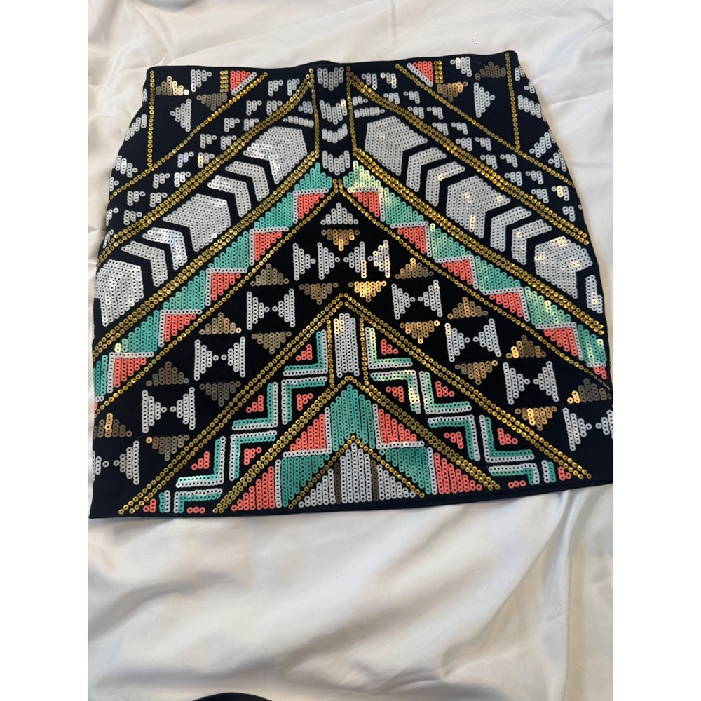 Express Sequin Mini Skirt Black Multicolor Geometric Aztec Petite Small